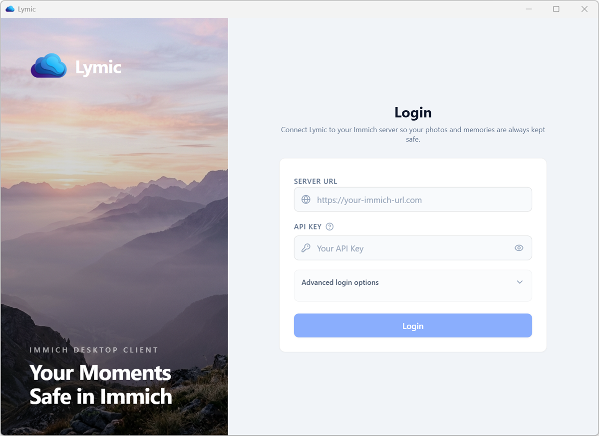 Lymic sign-in screen for connecting securely to an Immich Server