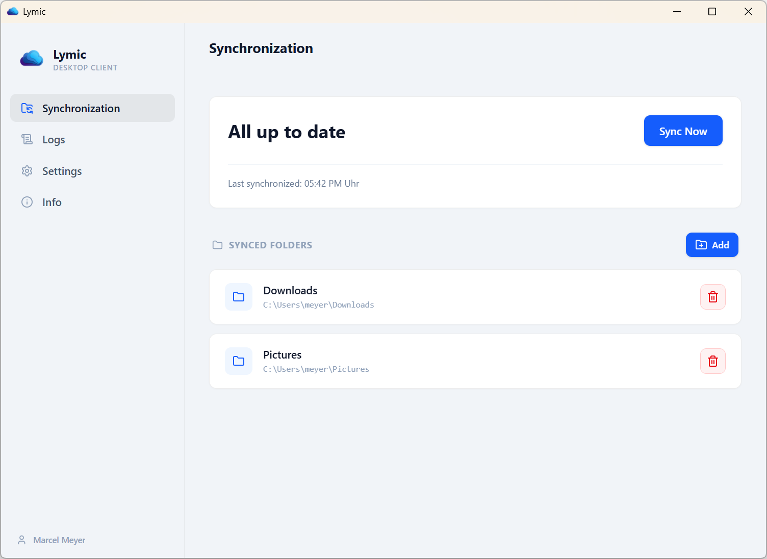 Lymic Watched Folders screen showing configured local media sources